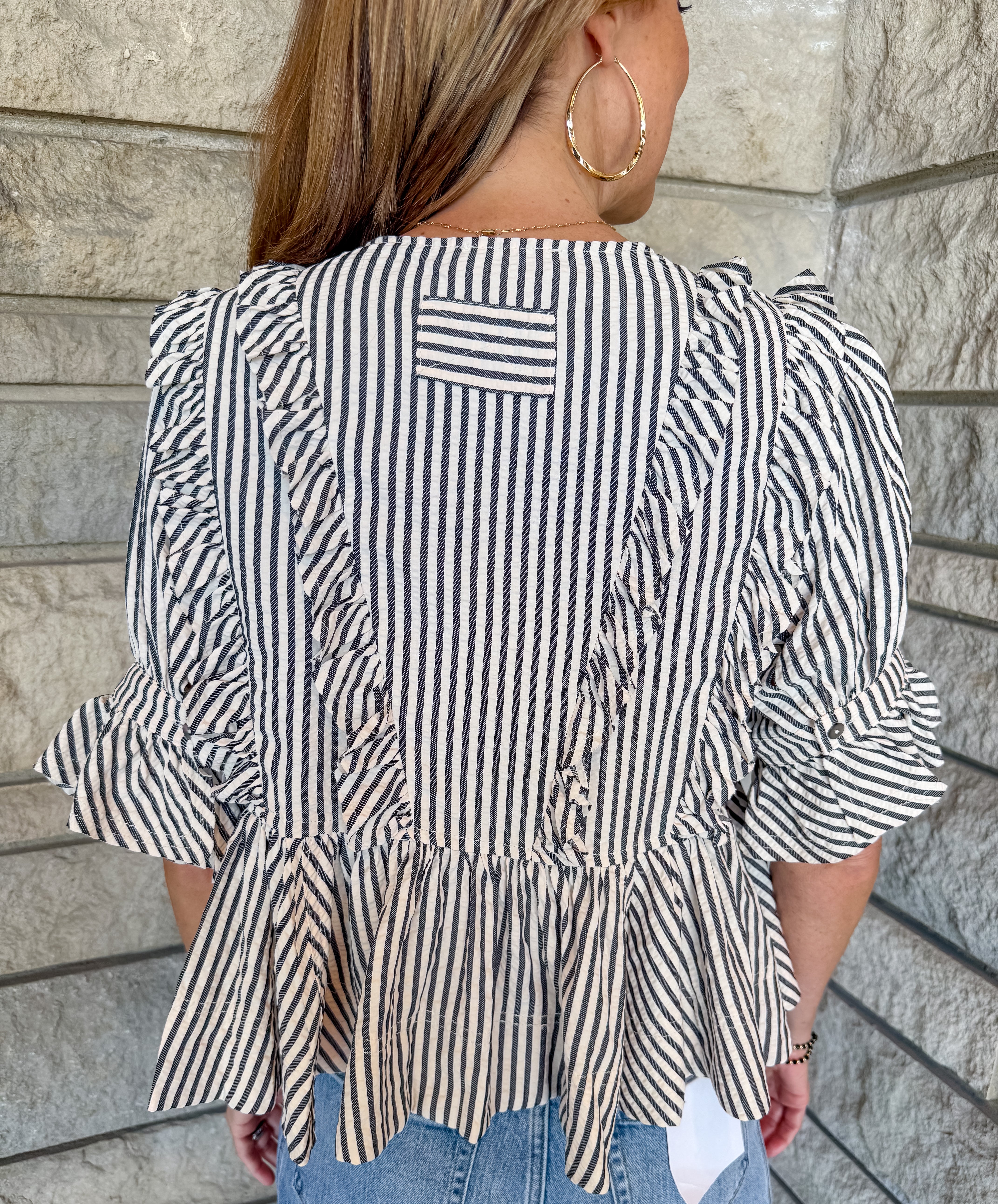 Gail Seersucker Ruffle Peplum Top