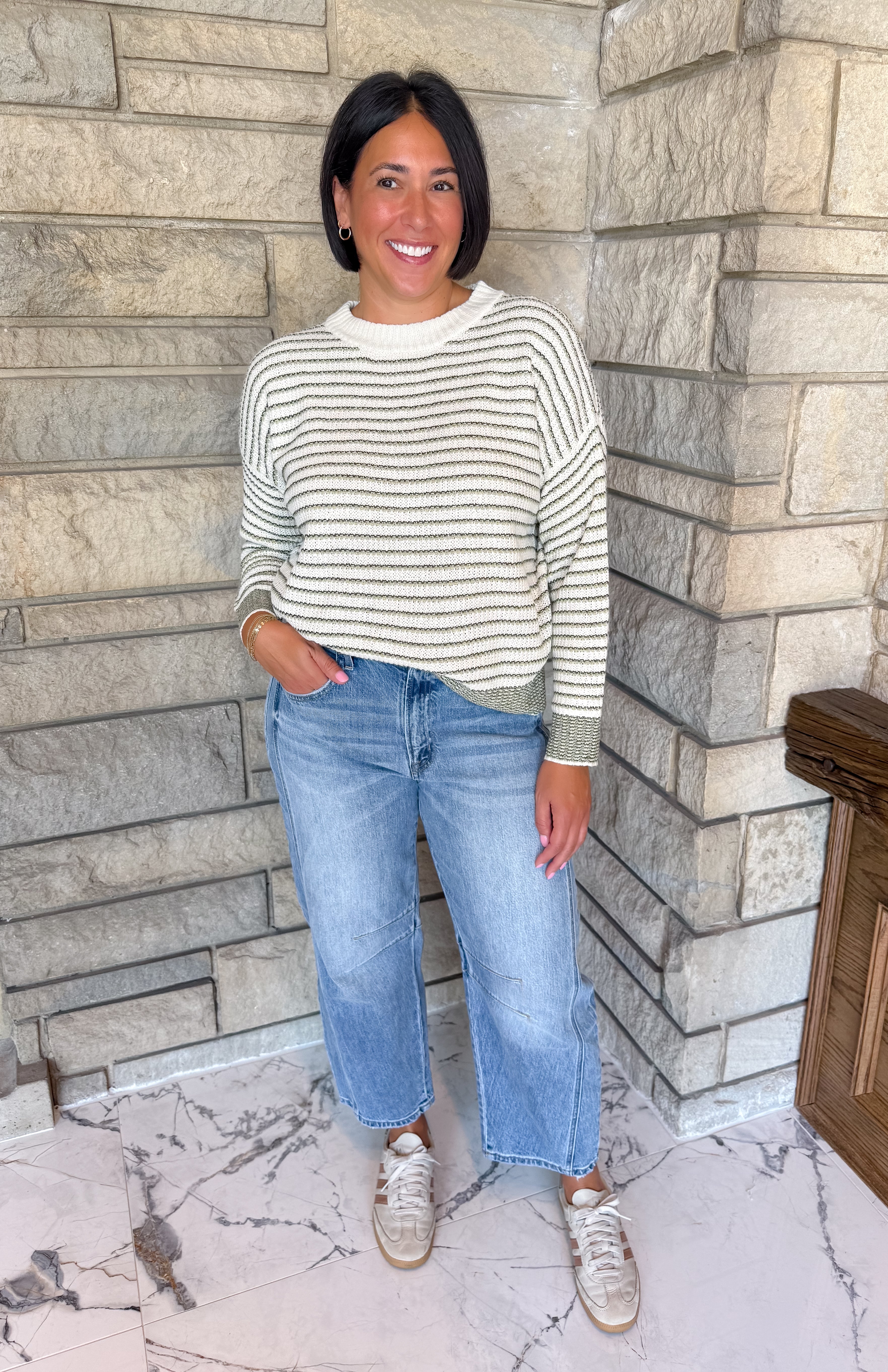 Cream textured sweater with olive stripes dropped shoulders