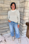 Cream textured sweater with olive stripes dropped shoulders