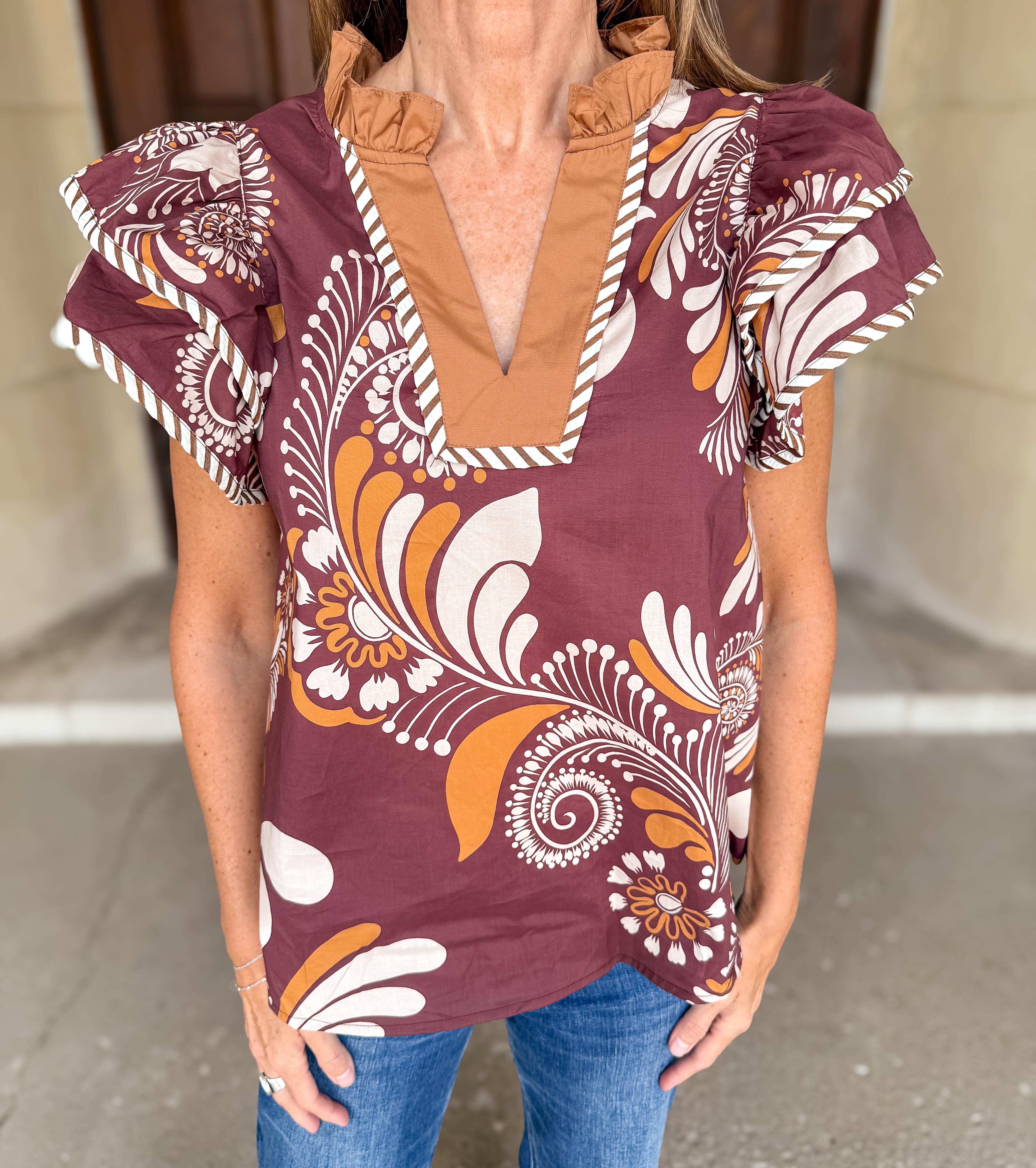 Paloma Printed Contrast Flutter Top FINAL SALE