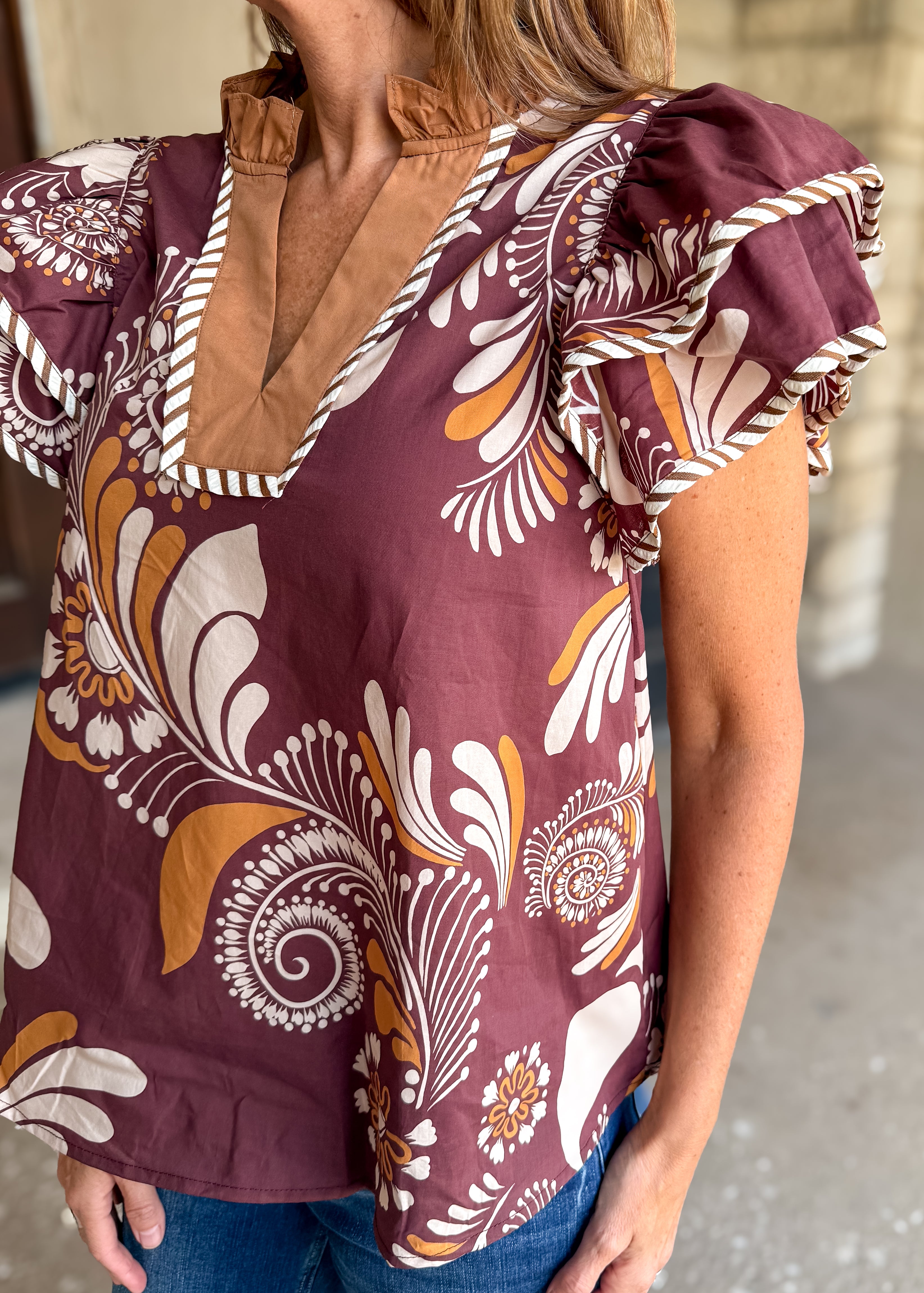 Paloma Printed Contrast Flutter Top FINAL SALE