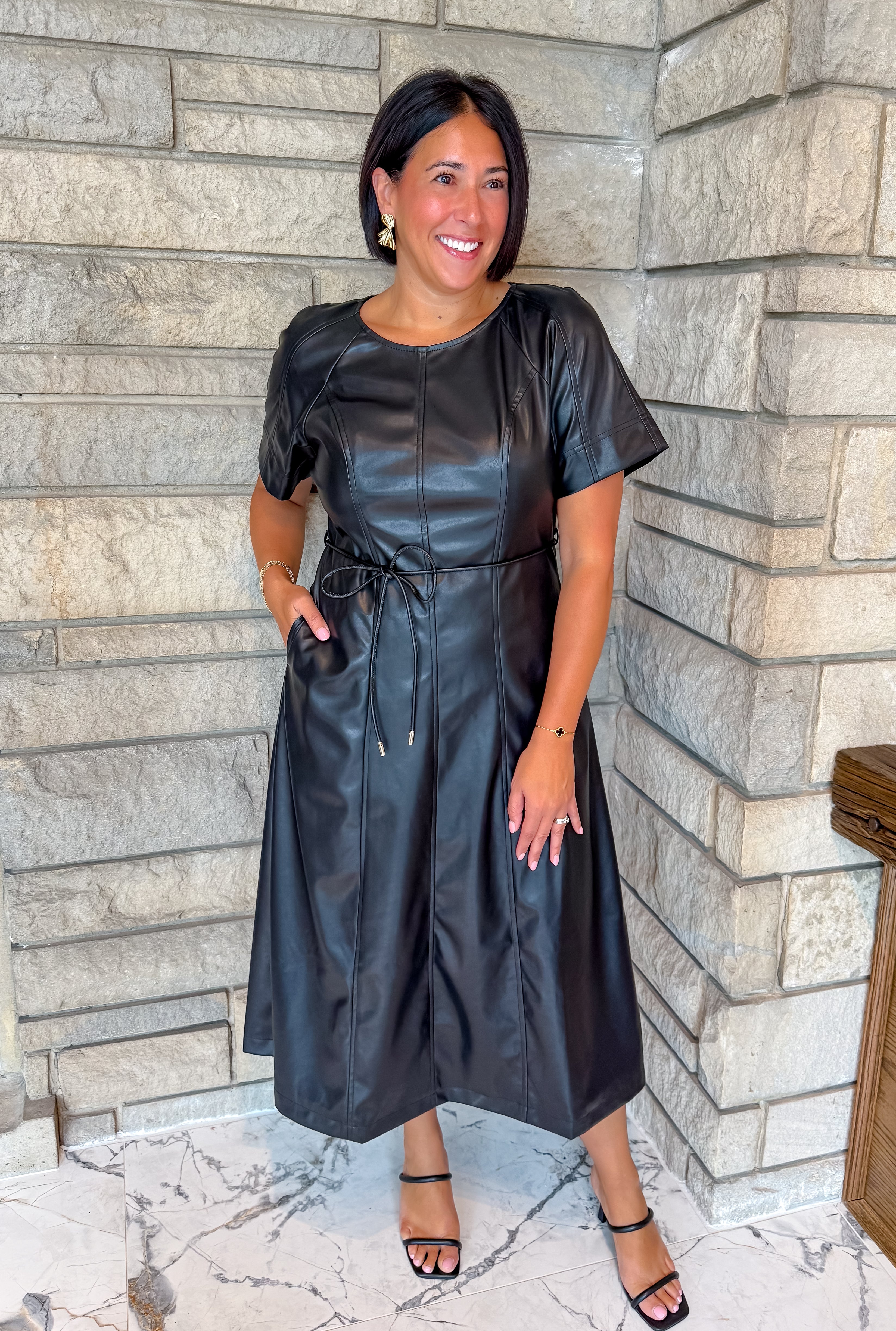 Moira Tie Waist Midi Leather Dress