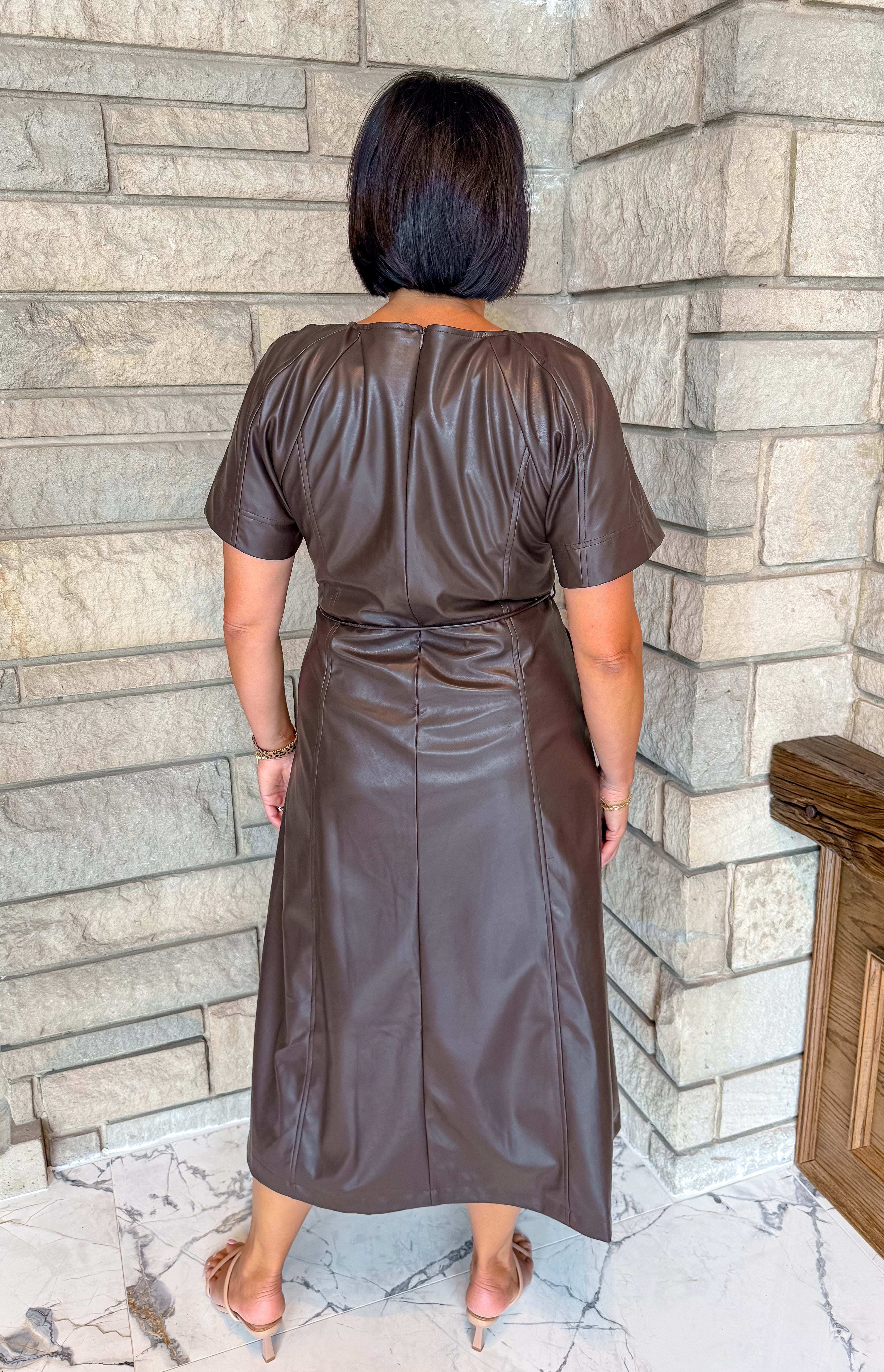 Moira Tie Waist Midi Leather Dress