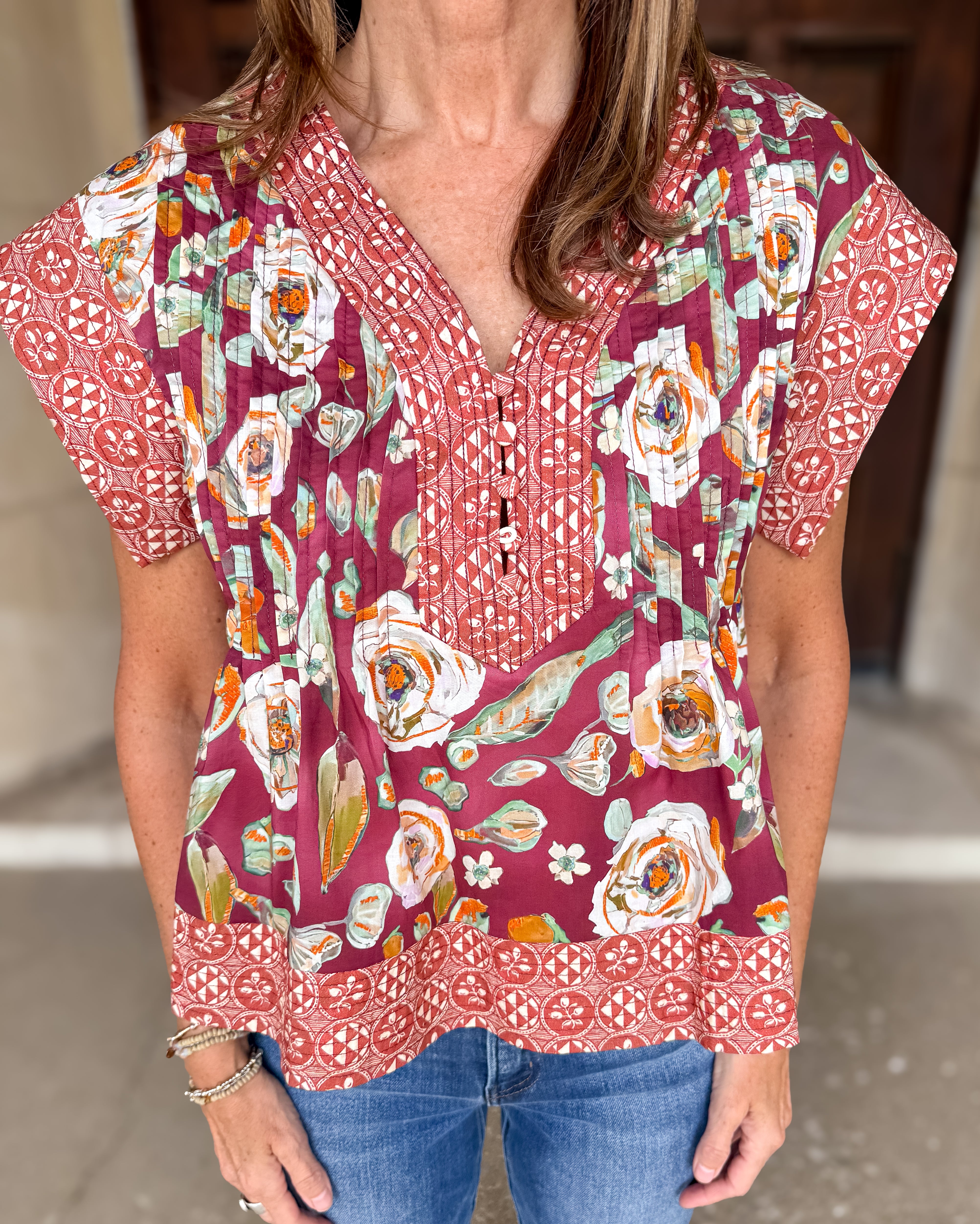 Ciara Multi-Printed Pintuck Top FINAL SALE