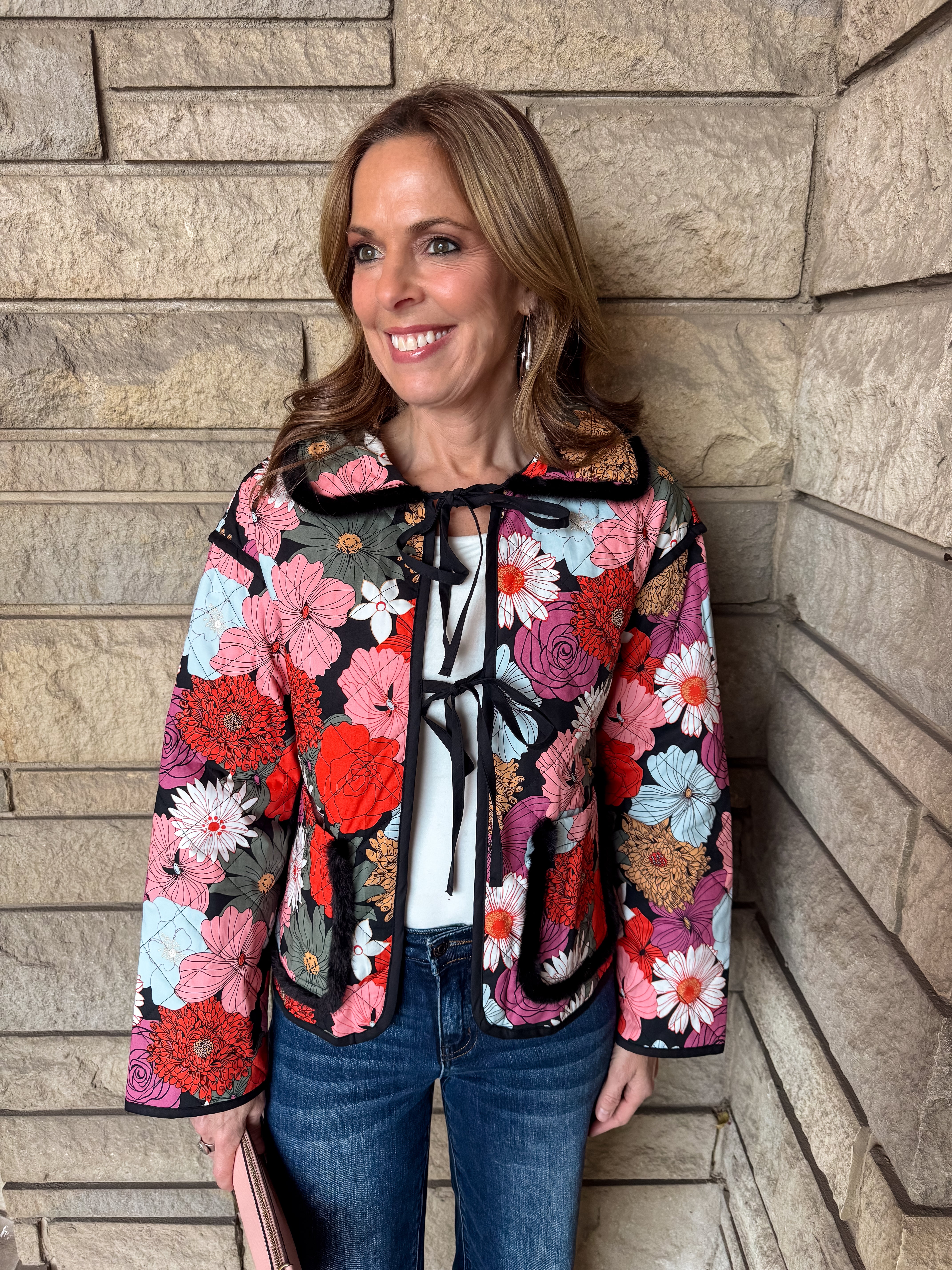 Lucia Floral Fur Trim Quilted Jacket