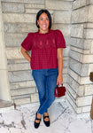 Burgundy eyelet short puff sleeve top mini ruffle neckline lace overlay detail