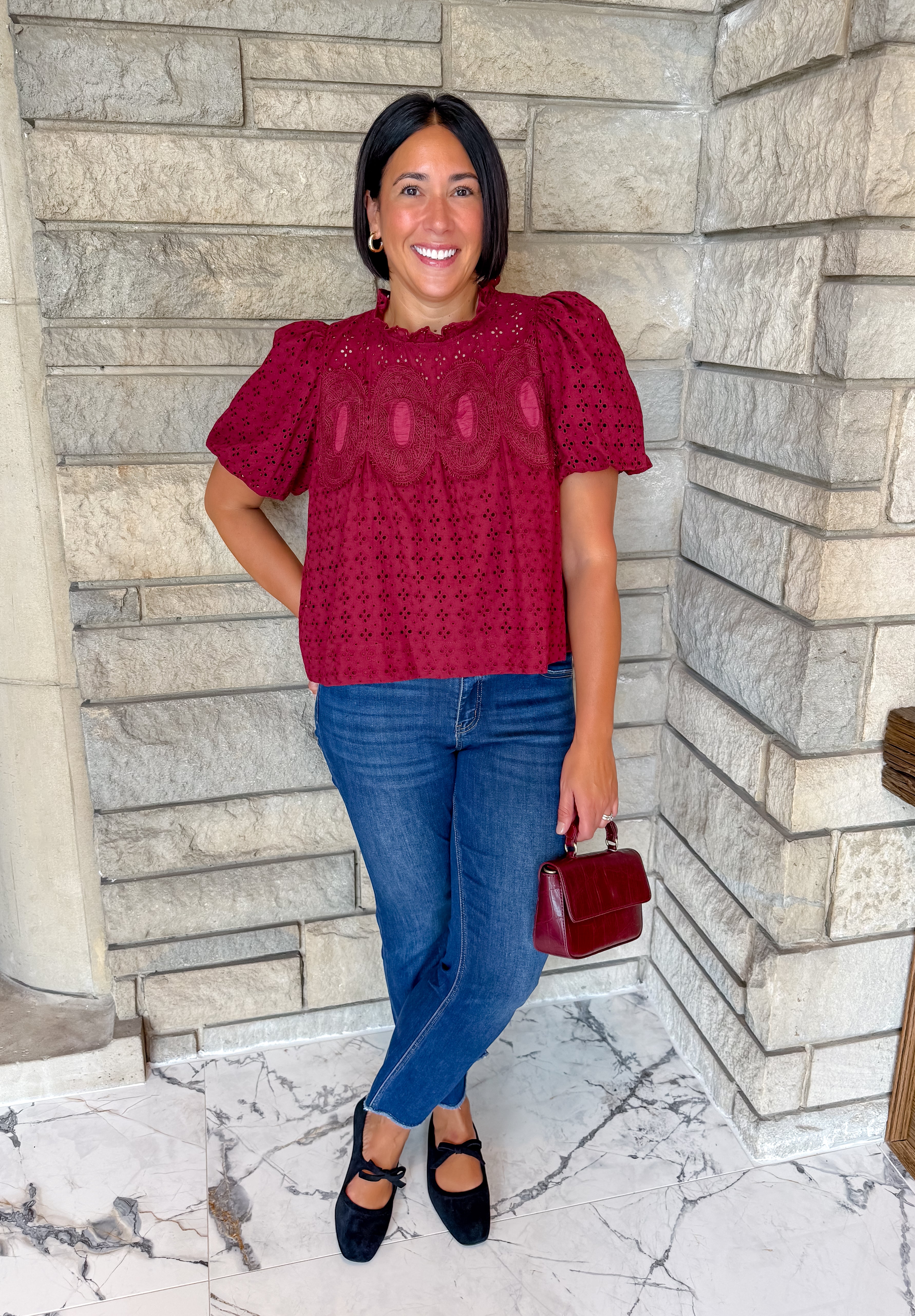 Burgundy eyelet short puff sleeve top mini ruffle neckline lace overlay detail