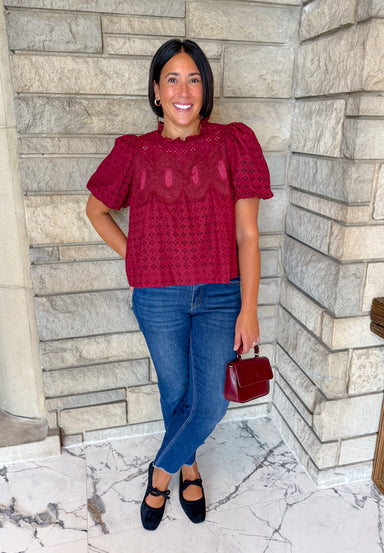 Burgundy eyelet short puff sleeve top mini ruffle neckline lace overlay detail