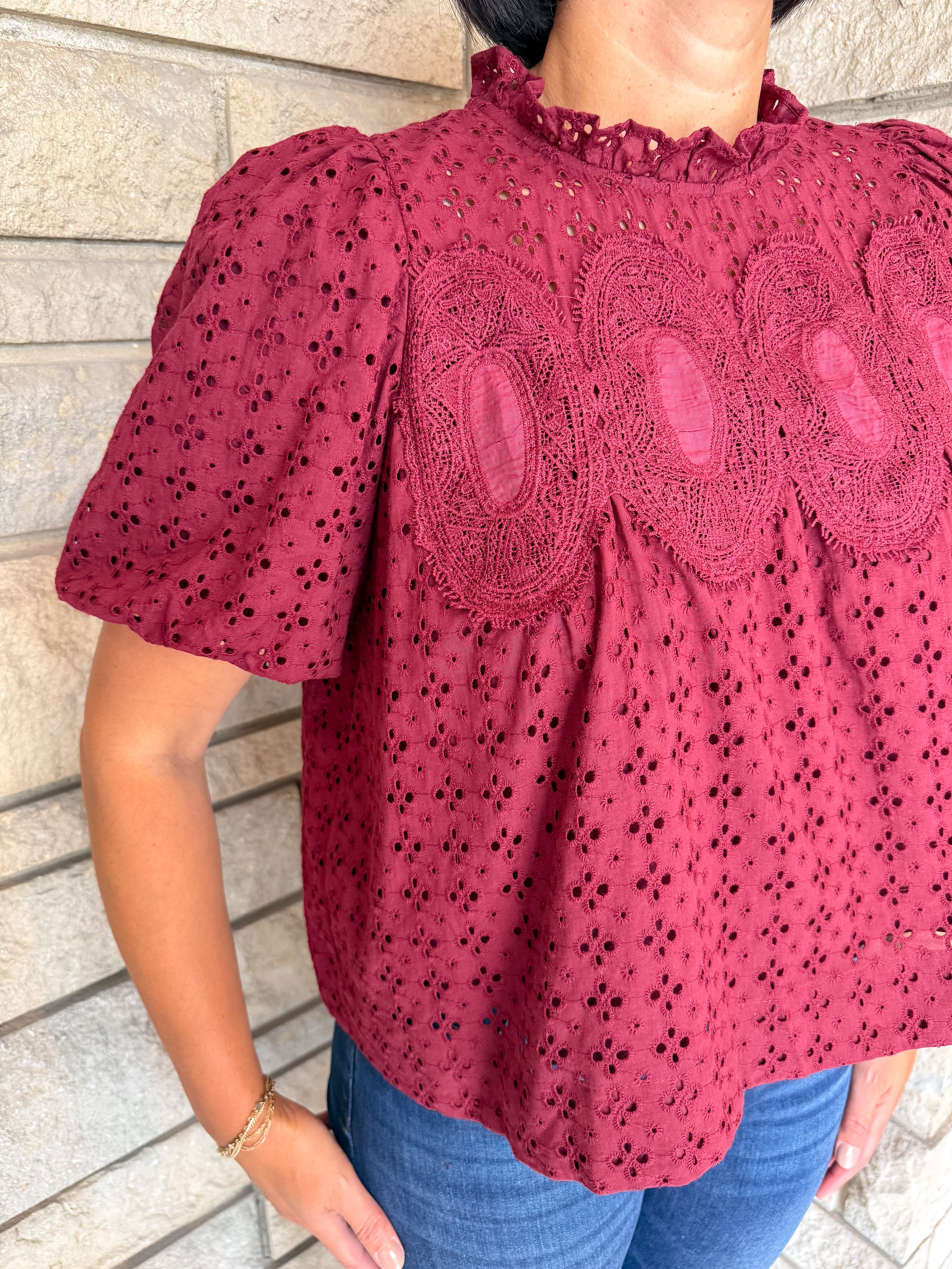 Ciara Lace Eyelet Bubble Sleeve Top