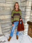 Green and browns color block striped lightweight sweater wide round neck