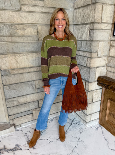 Green and browns color block striped lightweight sweater wide round neck