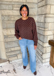 Brown crew neck sweater with light blue dots
