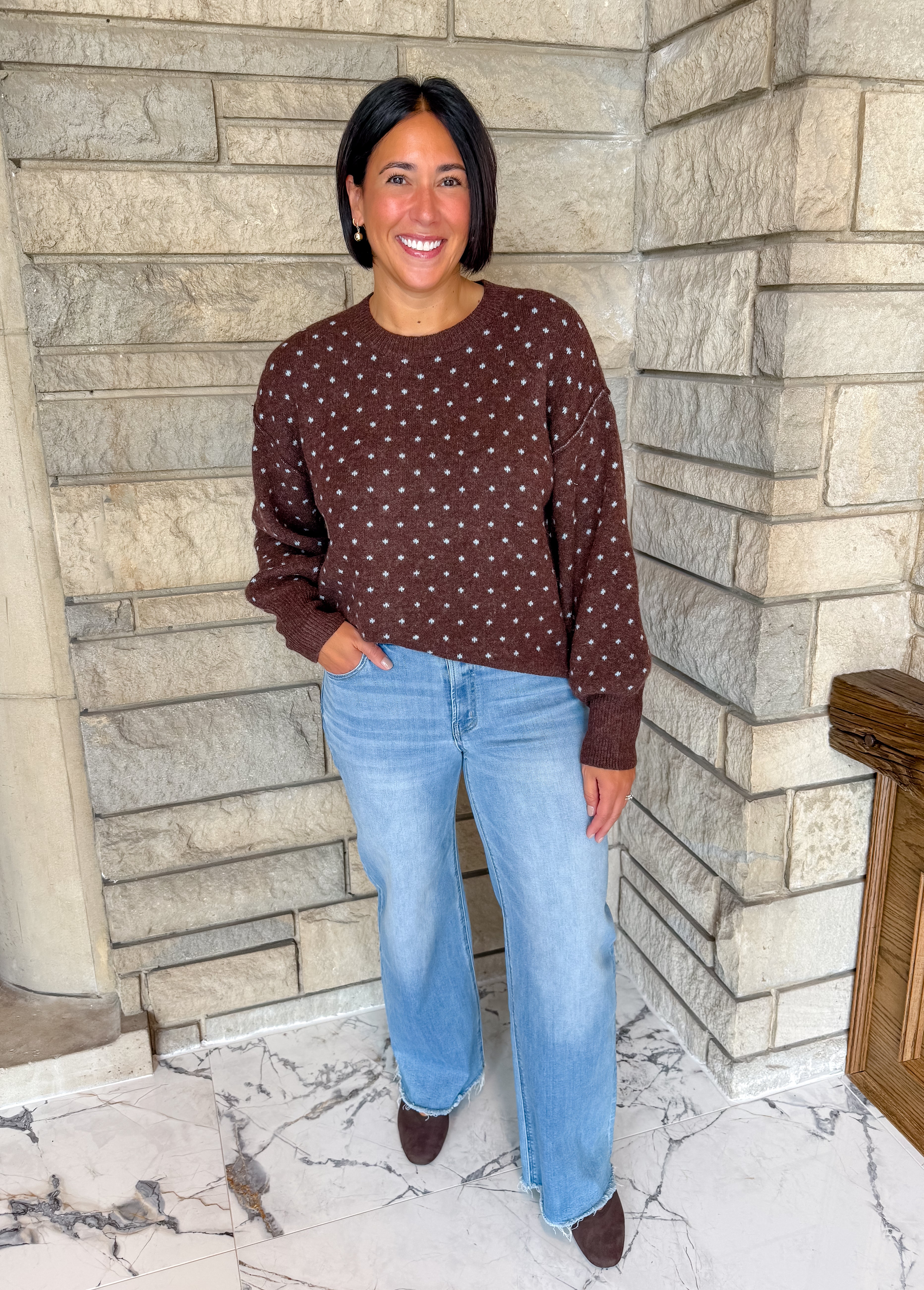 Brown crew neck sweater with light blue dots