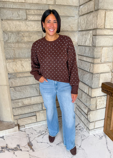 Brown crew neck sweater with light blue dots