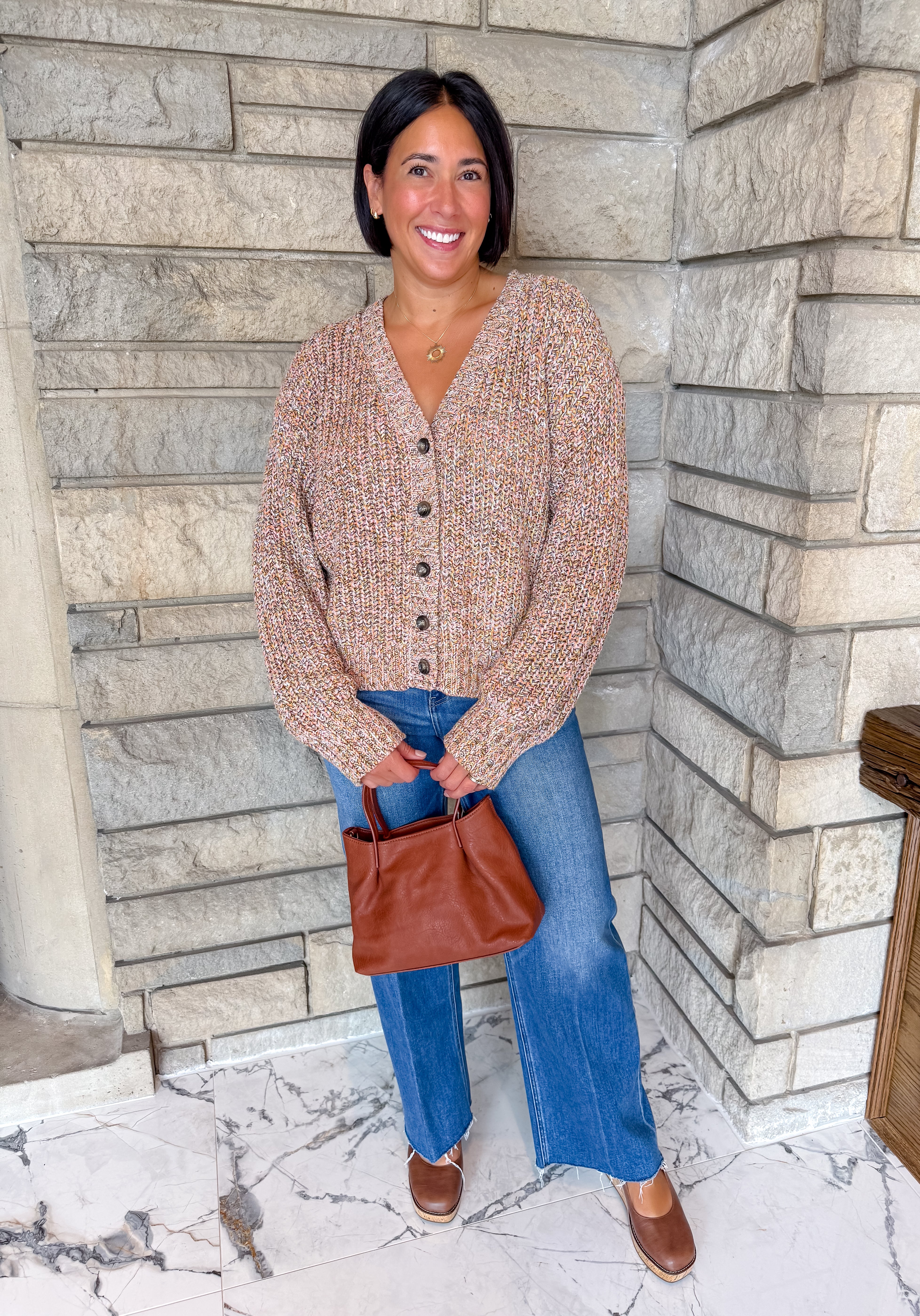 Pink and brown multi color chunky v neck cardigan buttons
