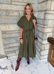 loose pleated v neck dress self tie waist