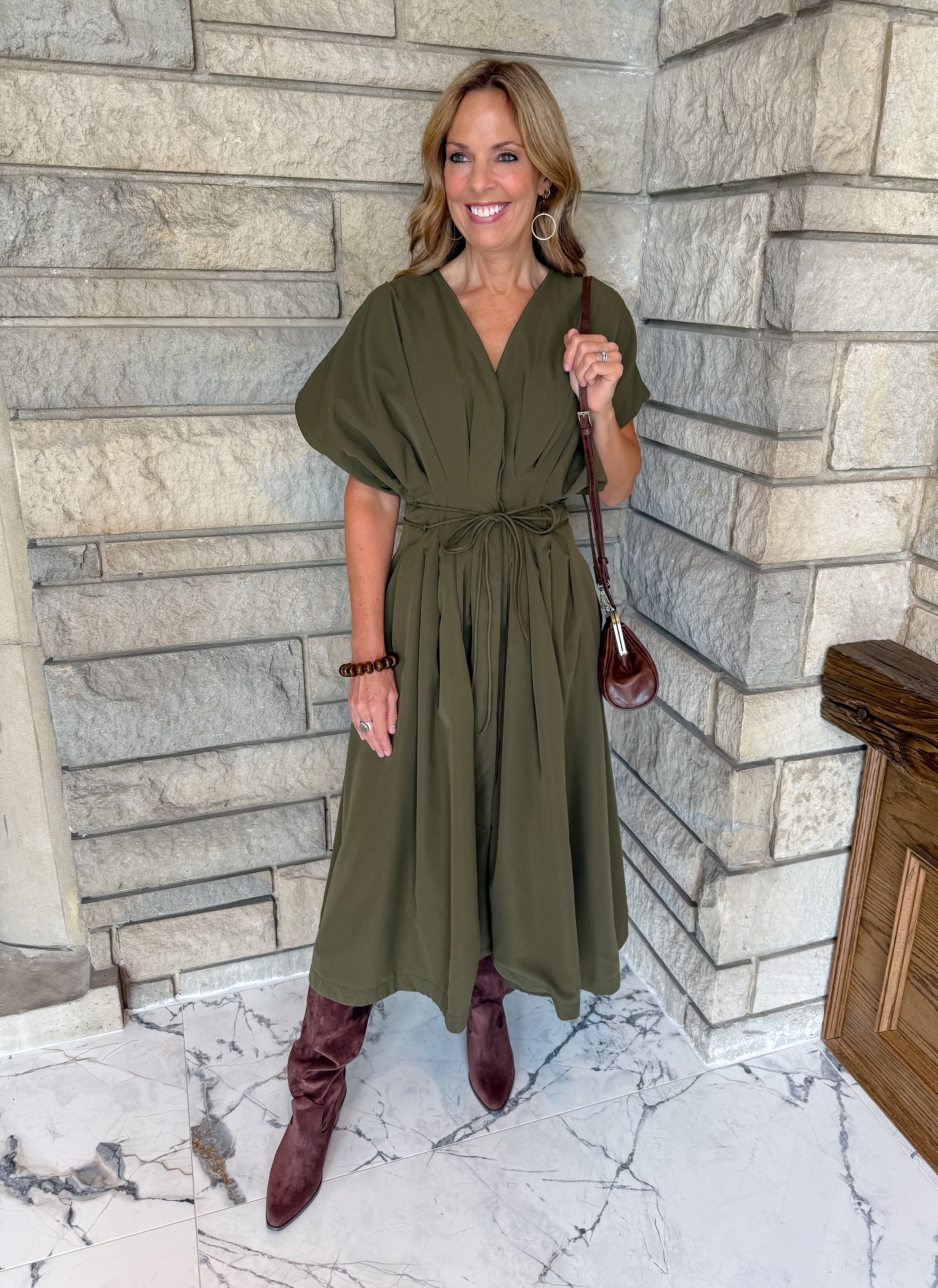 loose pleated v neck dress self tie waist