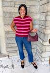 burgundy pink white stripe cap sleeve sweater buttons roll neck