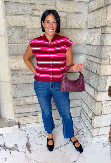 burgundy pink white stripe cap sleeve sweater buttons roll neck