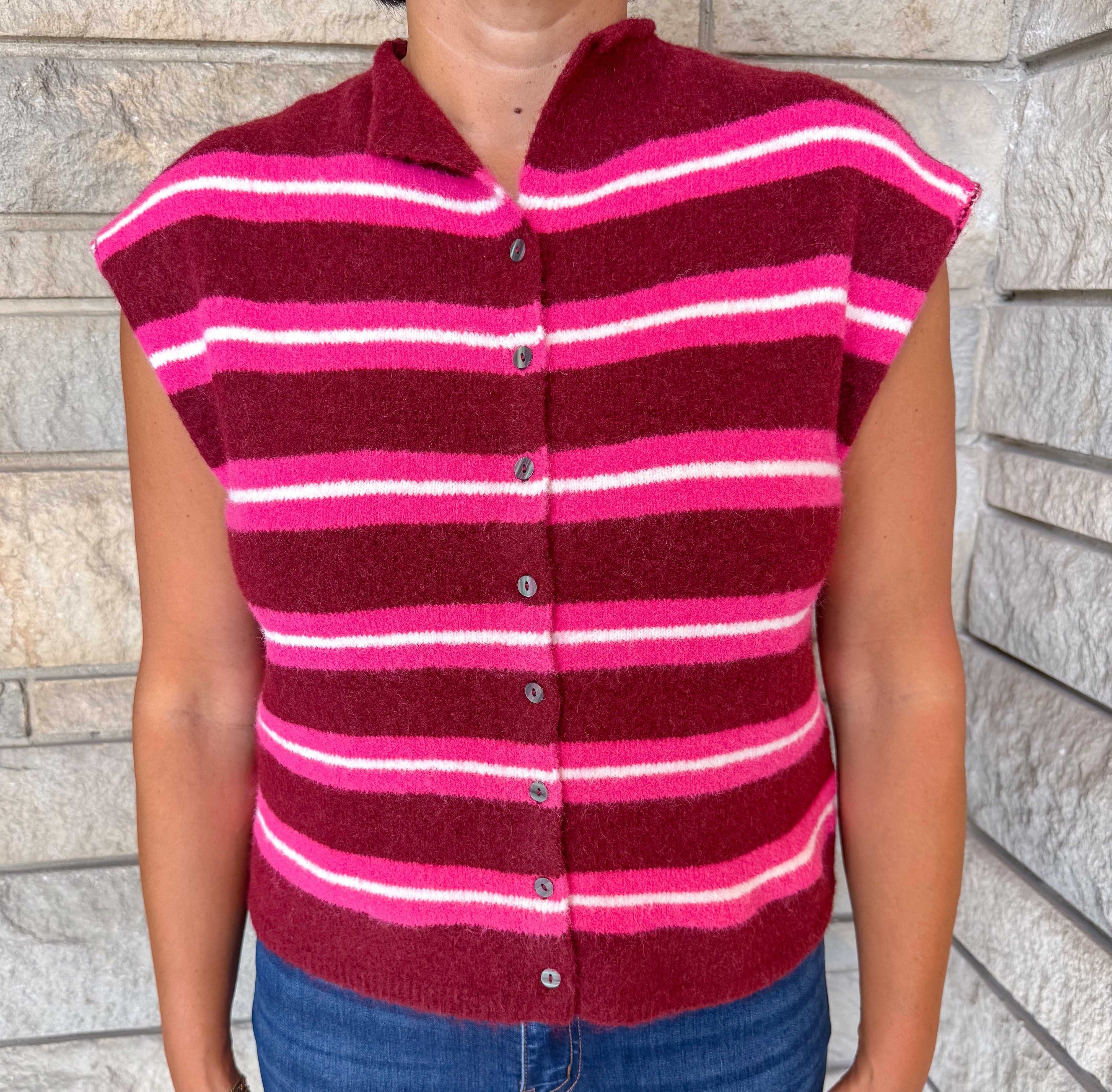 Ivy Stripe Cap Sleeve Button Sweater