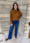Brown faux suede short jacket self tie neck and buttons
