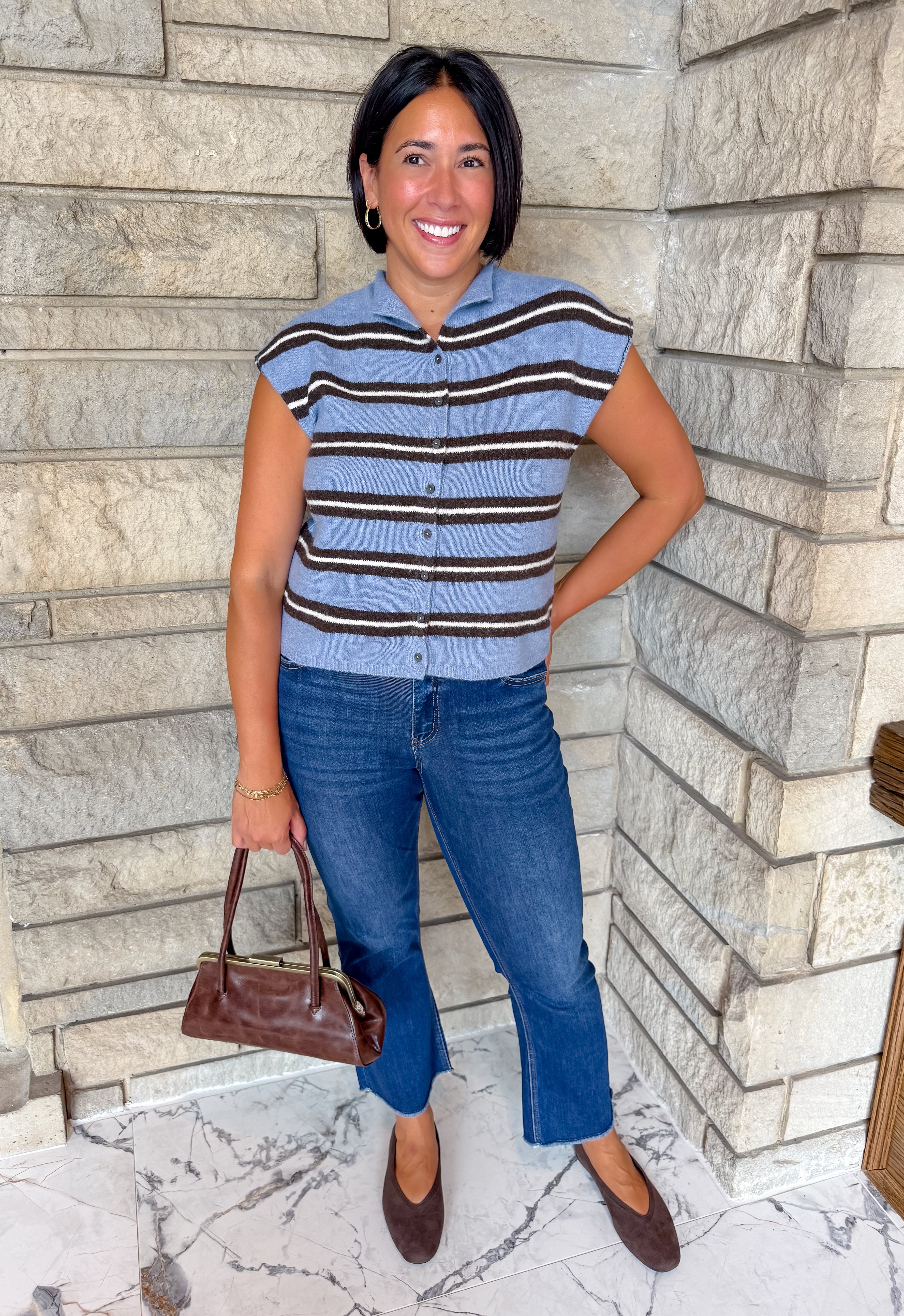Ivy Stripe Cap Sleeve Button Sweater