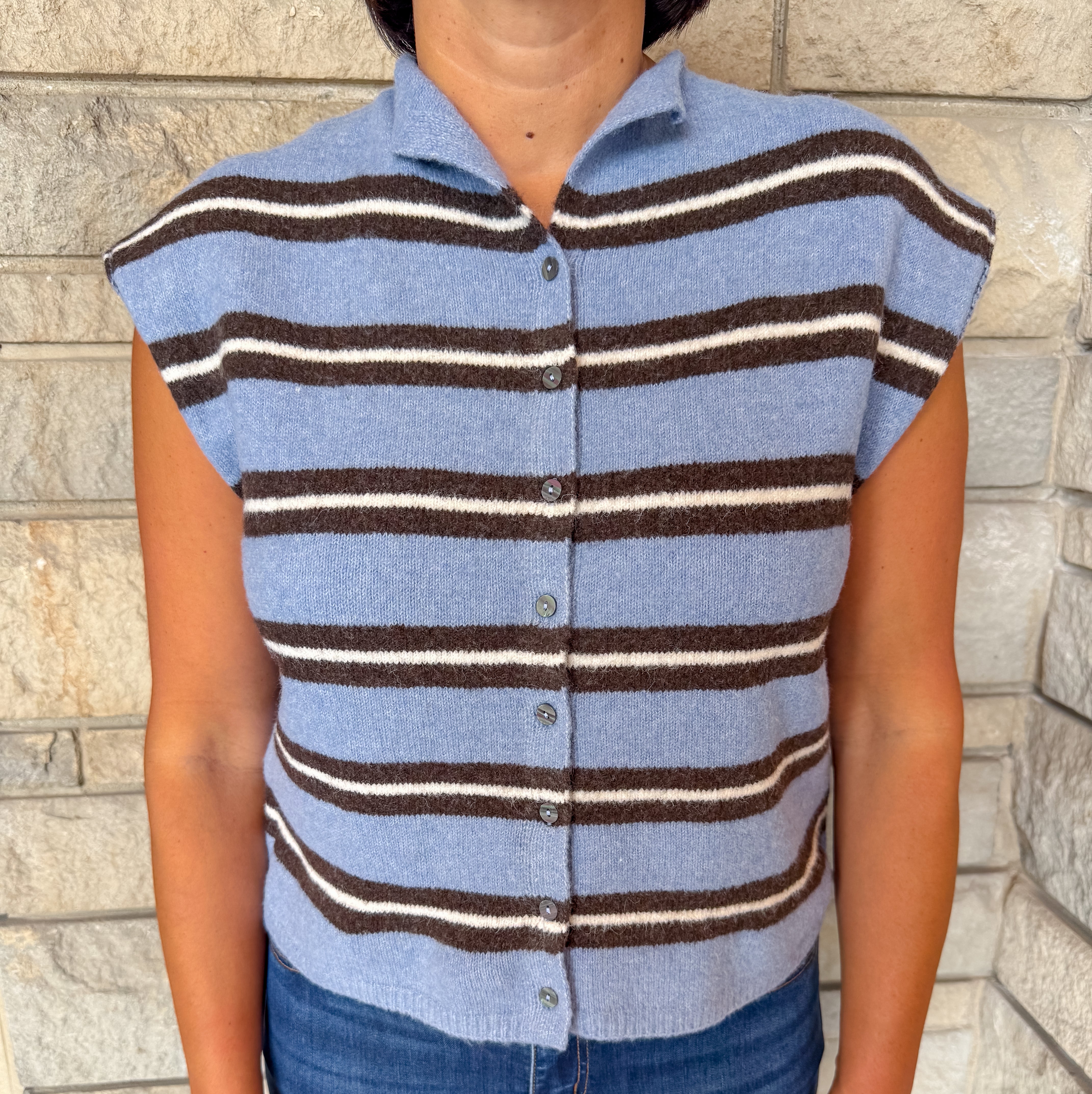 Ivy Stripe Cap Sleeve Button Sweater