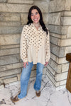 Natural color button down shirt brown polka dots mixed dot sections raw edge details