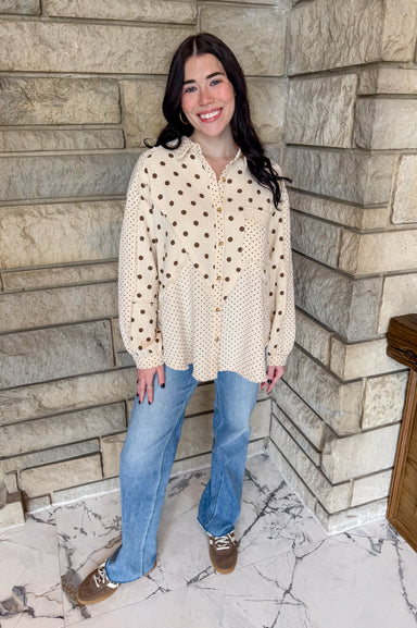 Natural color button down shirt brown polka dots mixed dot sections raw edge details