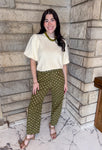 Olive green barrel jeans with cream polka dots ankle length