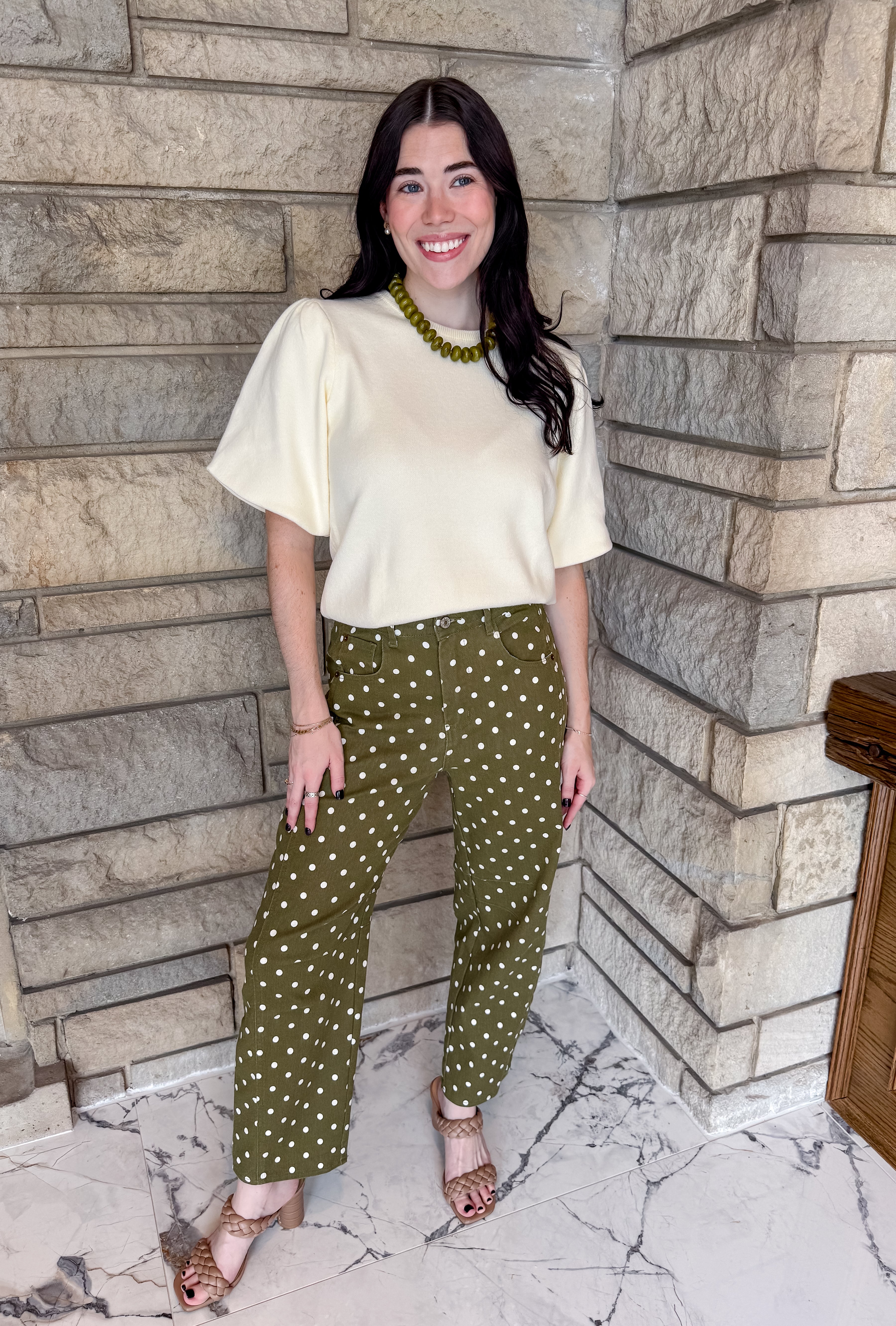 Olive green barrel jeans with cream polka dots ankle length