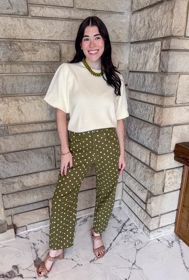 Olive green barrel jeans with cream polka dots ankle length