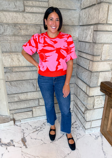 Red and hot pink large floral sweater short sleeves bubble cuffs
