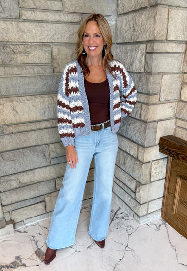 light blue/brown/cream striped open hand crochet cardigan sweater