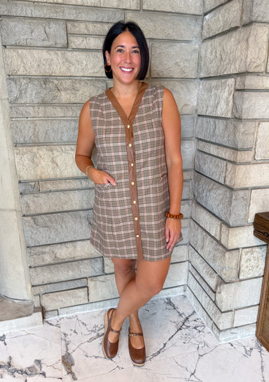 Brown/camel plaid sleeveless dress v neckline gold buttons faux leather trim front pockets
