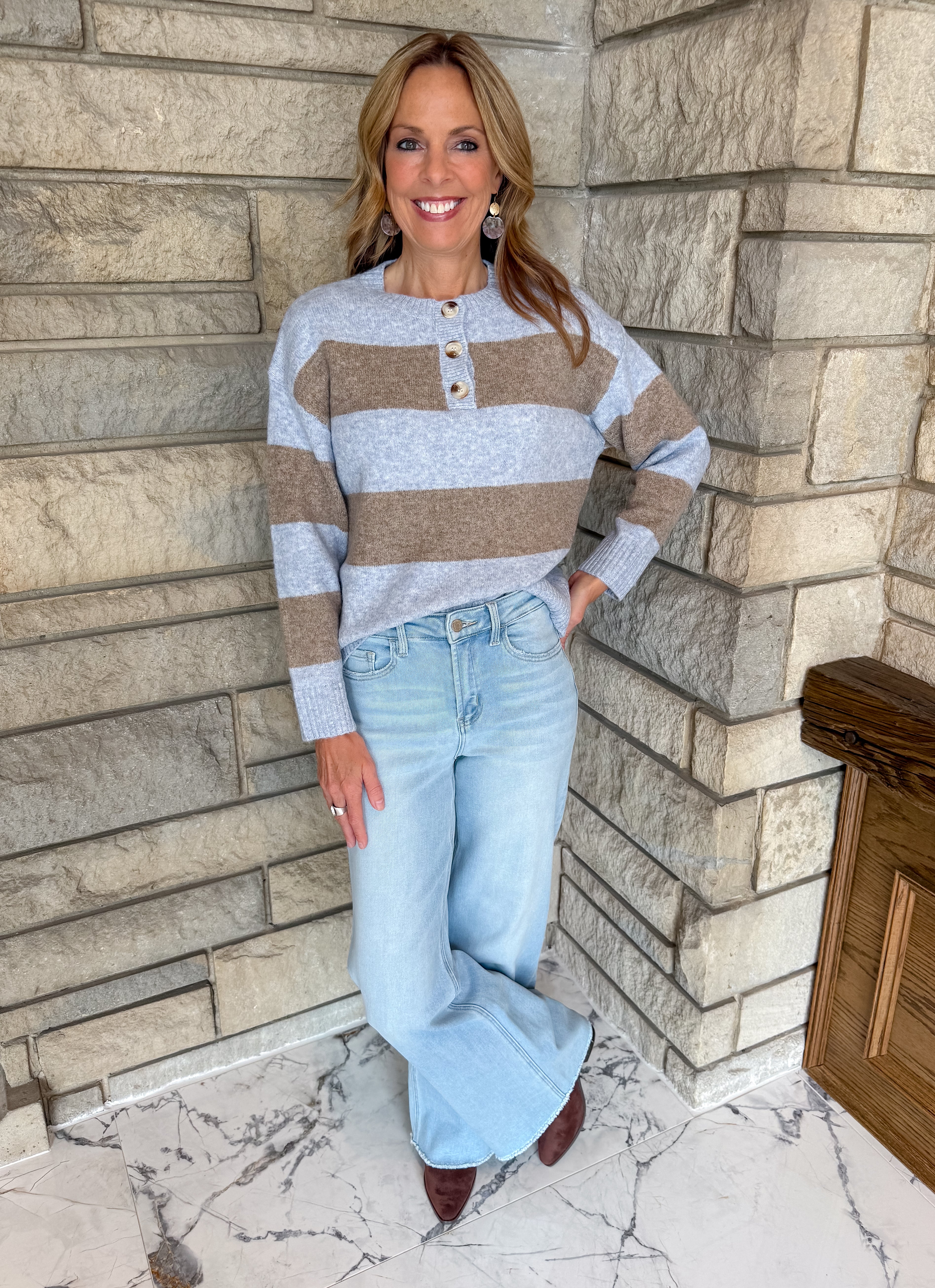 Light blue and taupe wide striped henley sweater crew neckline three large functional buttons long sleeve
