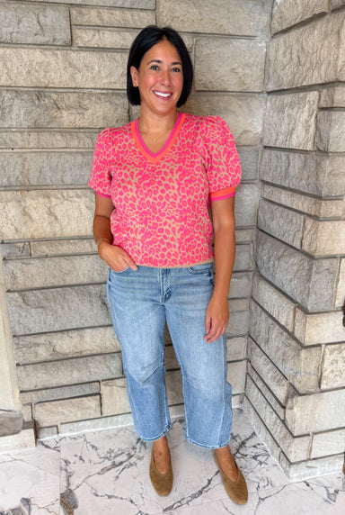 hot pink and taupe animal print short sleeve puff sleeve sweater