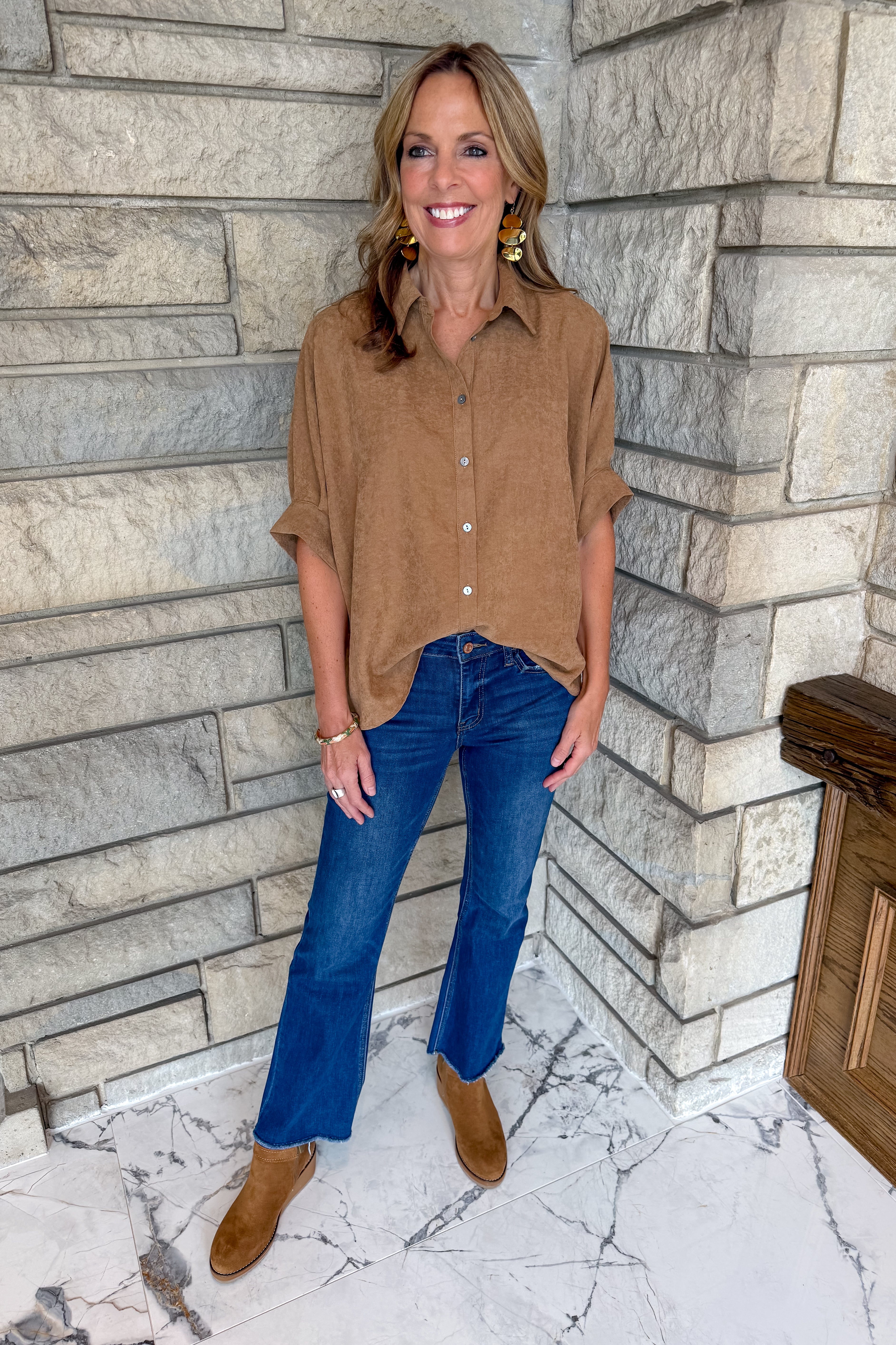 camel color faux suede button down top collar dolman short sleeves rolled cuffs boxy fit