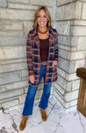 Navy and rust plaid long sweater coat collar lapel buttons and patch pockets