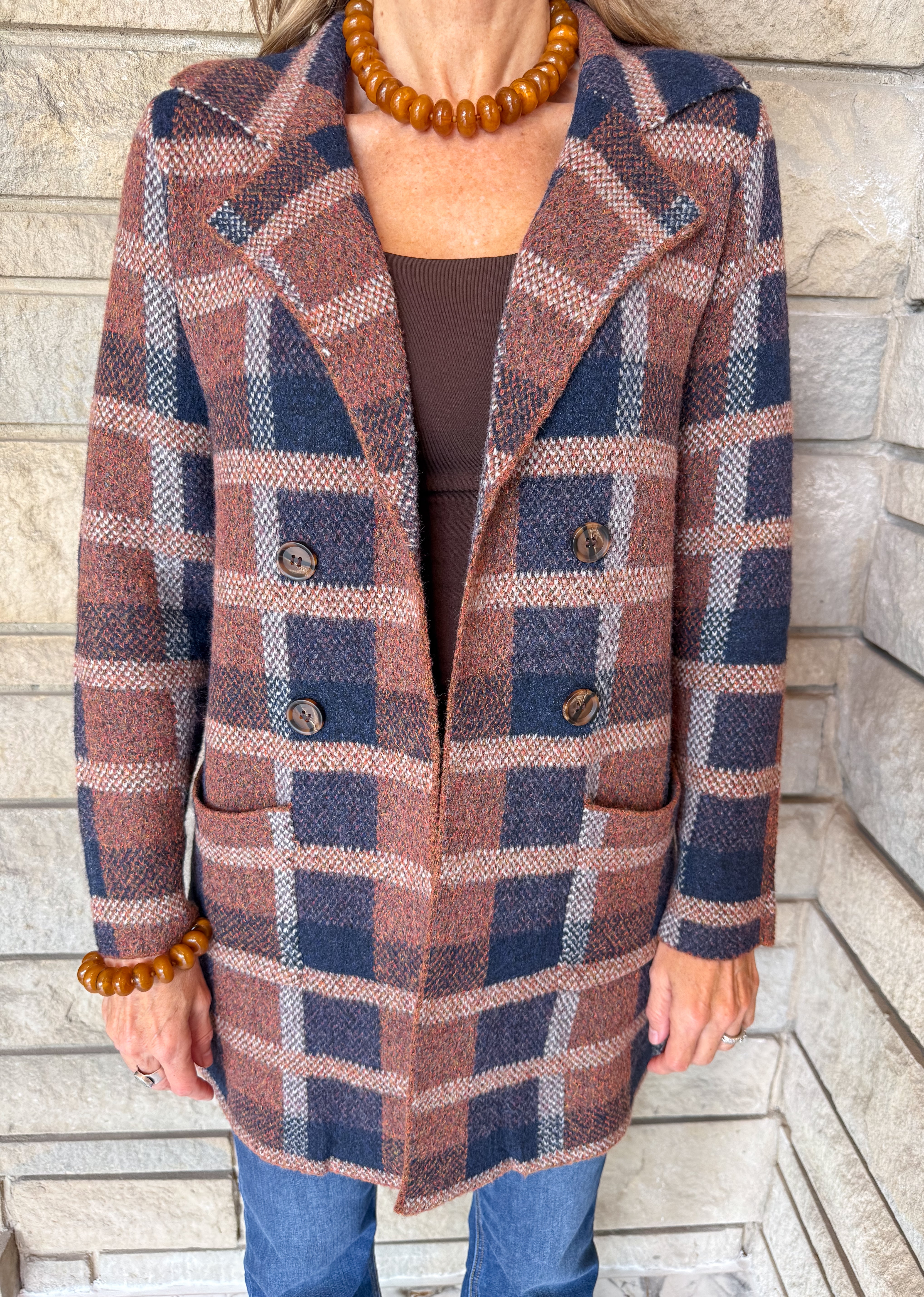 Greta Long Plaid Sweater Coat Navy