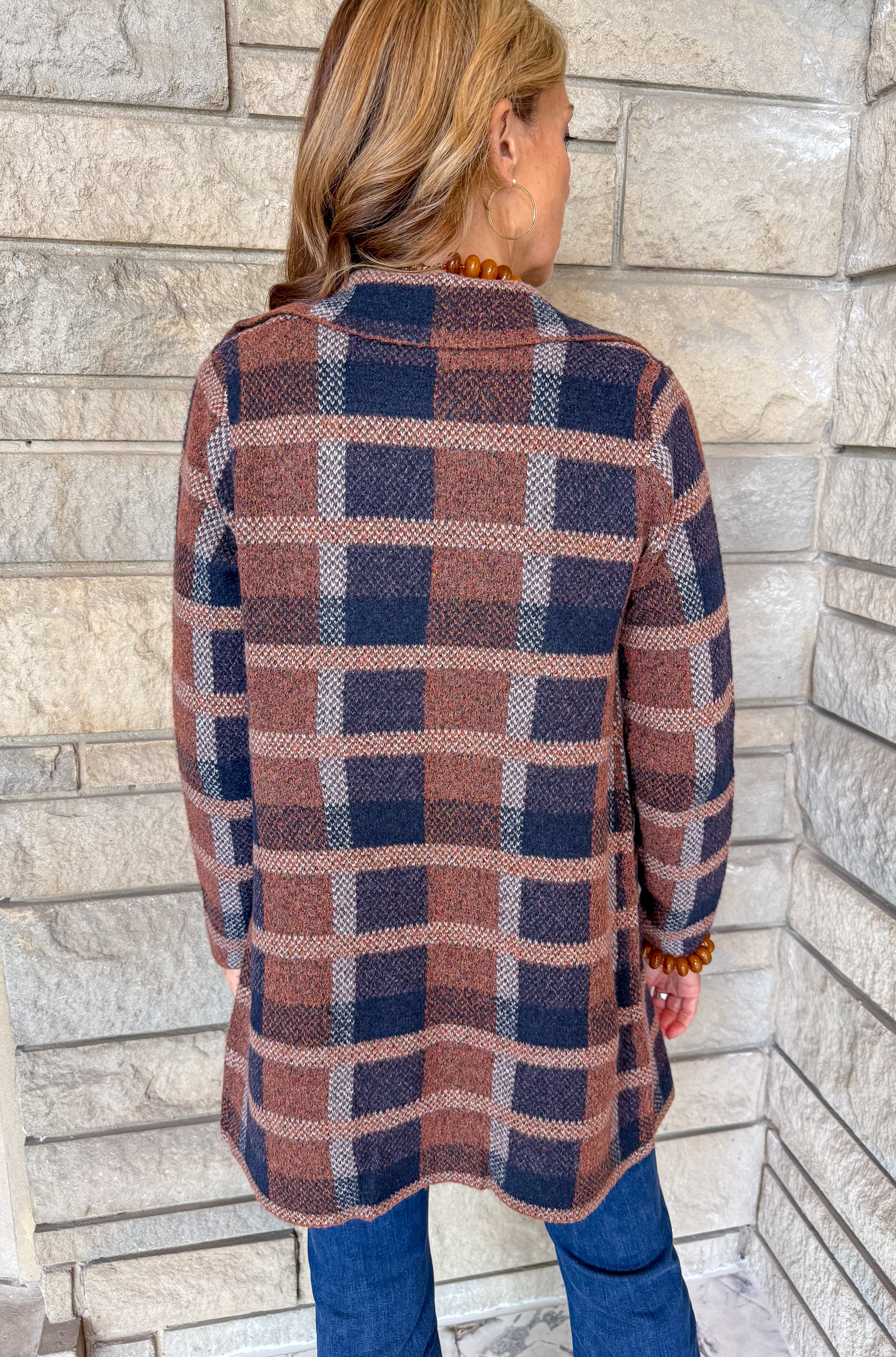 Greta Long Plaid Sweater Coat Navy