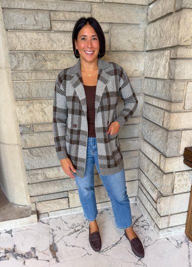 Grey with brown plaid long sweater coat with collar, buttons and patch pockets