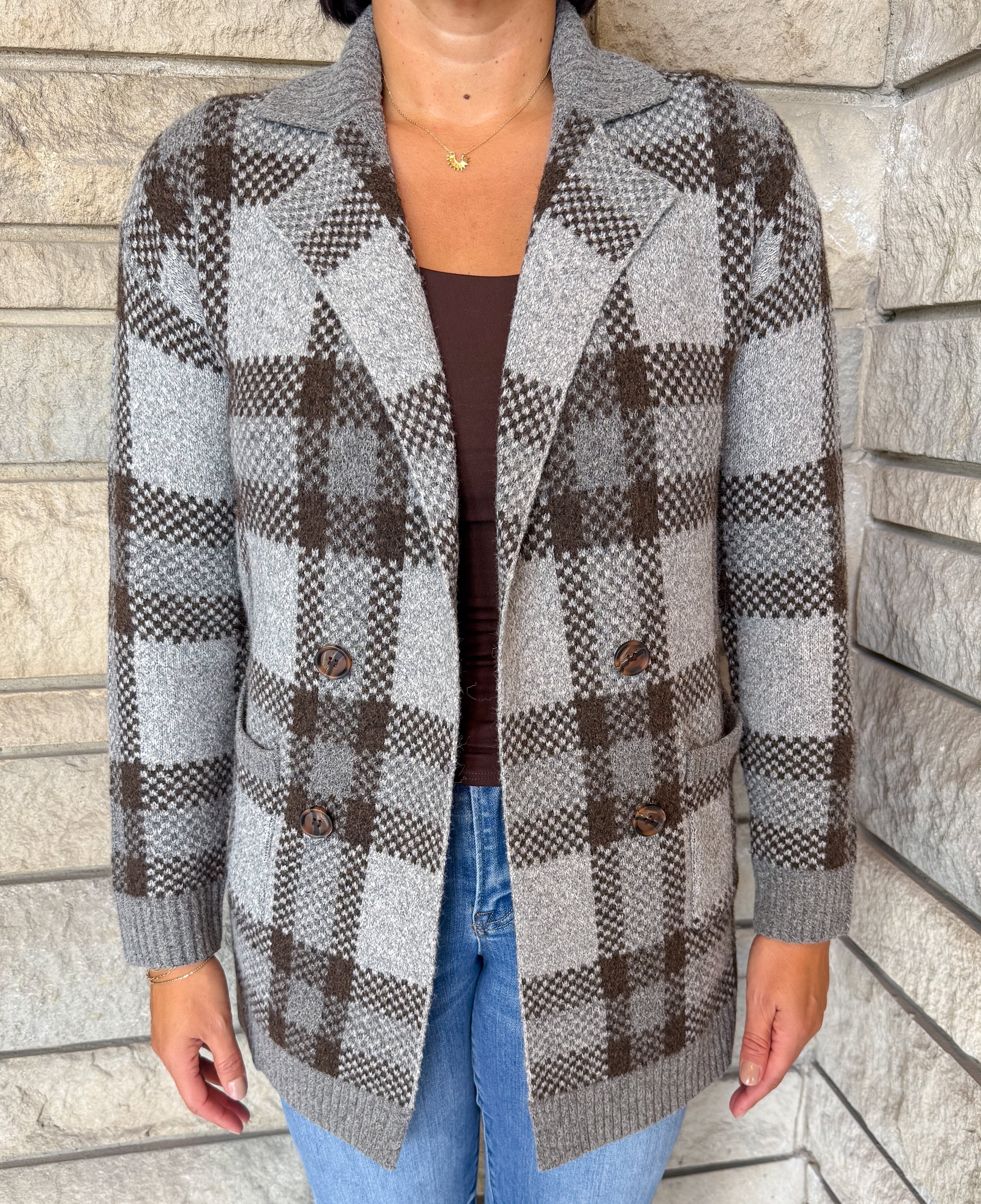 Stella Long Plaid Sweater Coat Gray