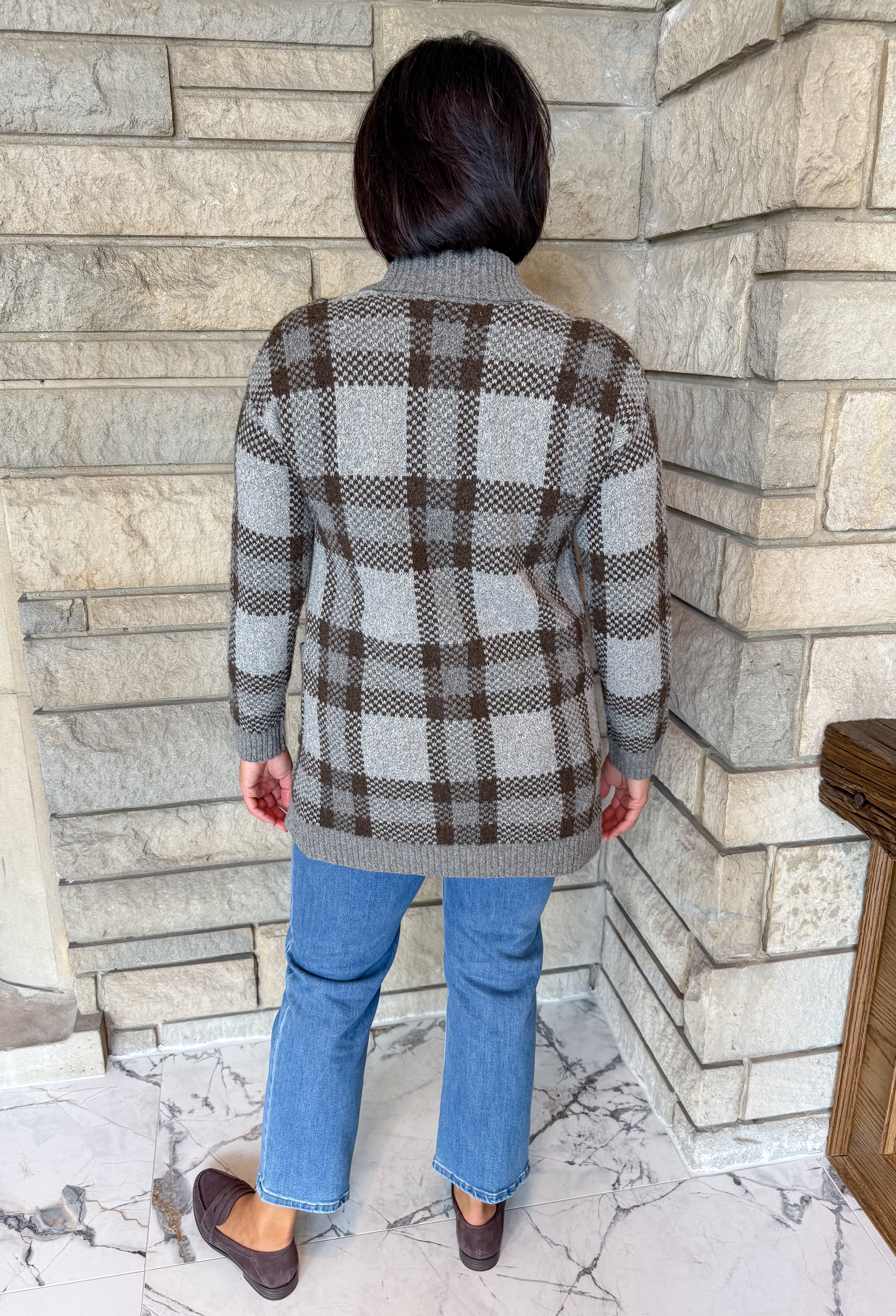 Stella Long Plaid Sweater Coat Gray