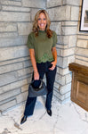 mock neck lightweight sweater with lace applique on the hem short puff sleeves