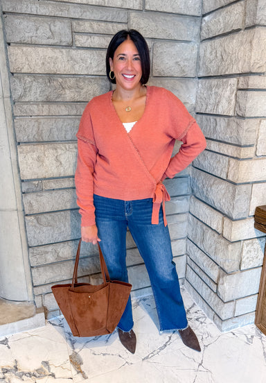 vintage coral wrap sweater scallop lace trim drop shoulders