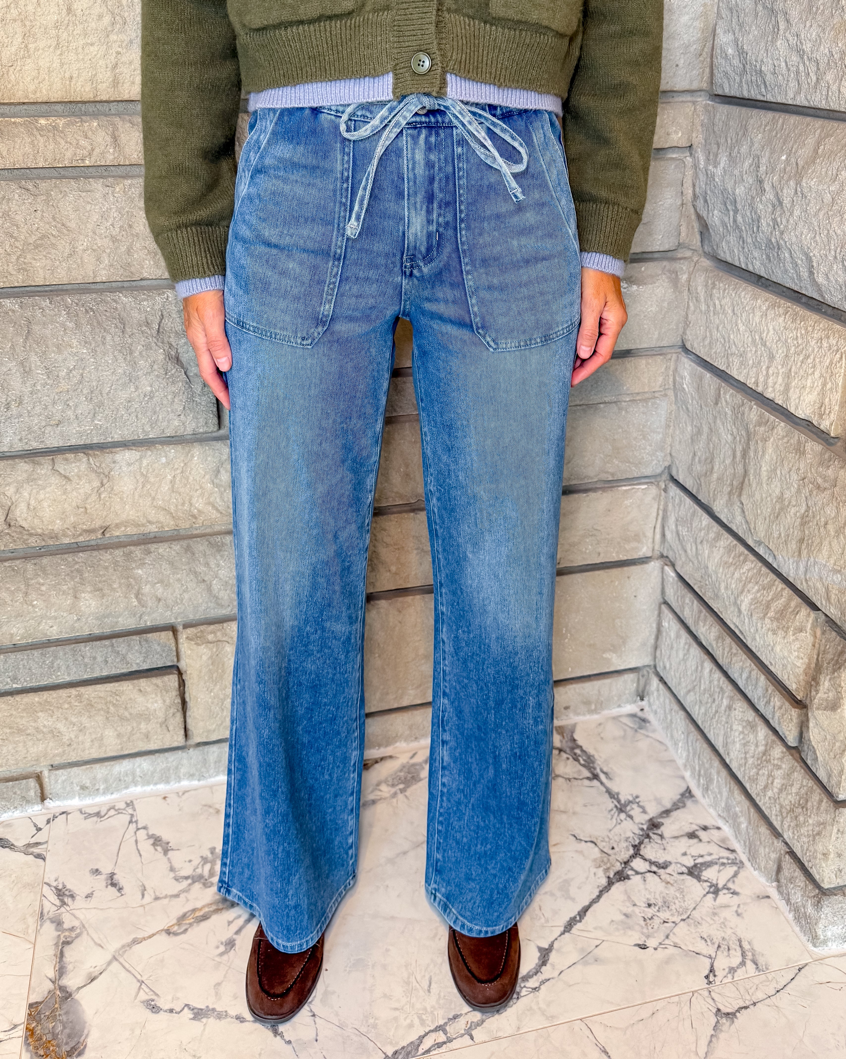 Cheryl H. Rise Drawstring Flare Jeans