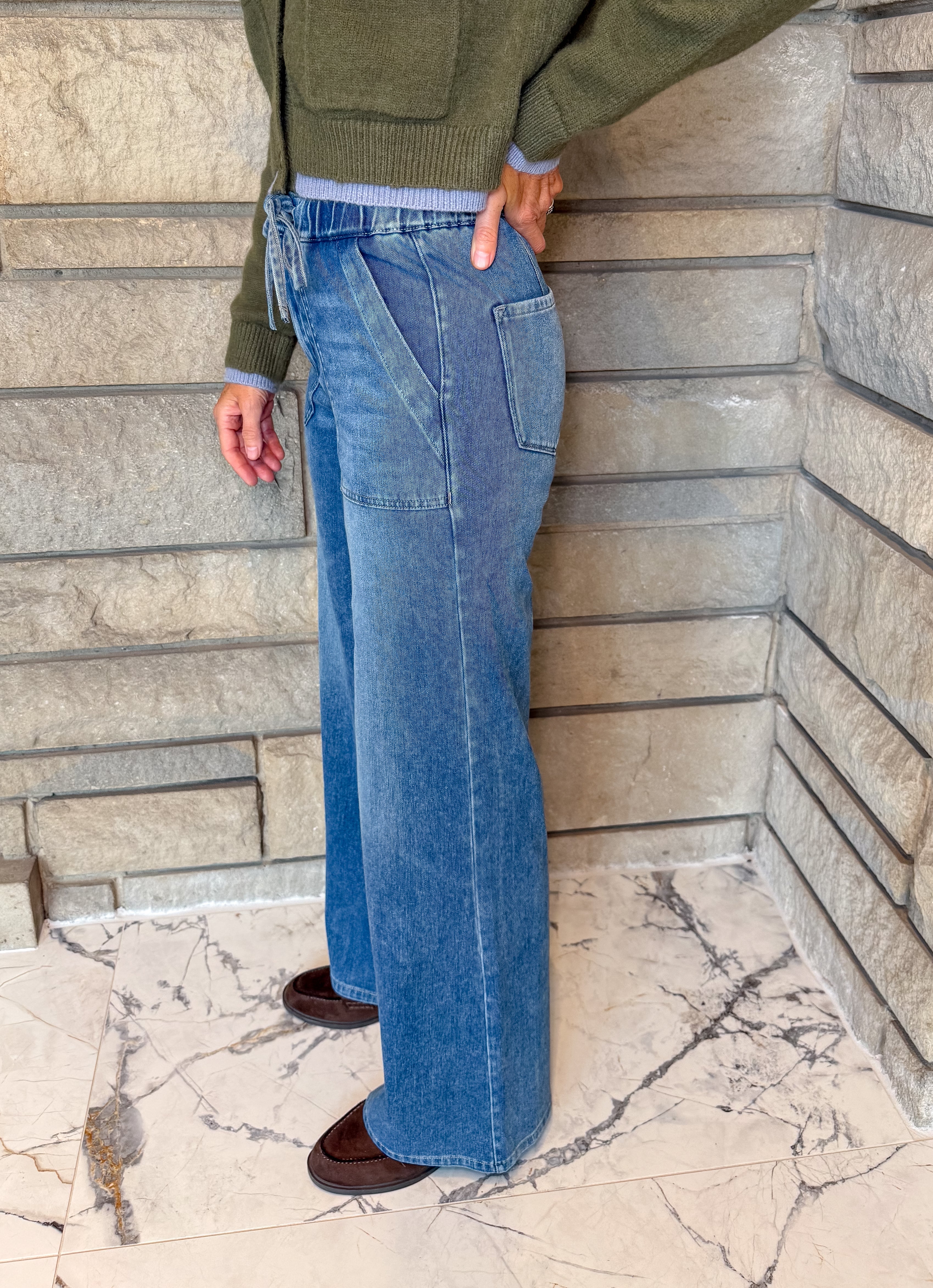 Cheryl H. Rise Drawstring Flare Jeans