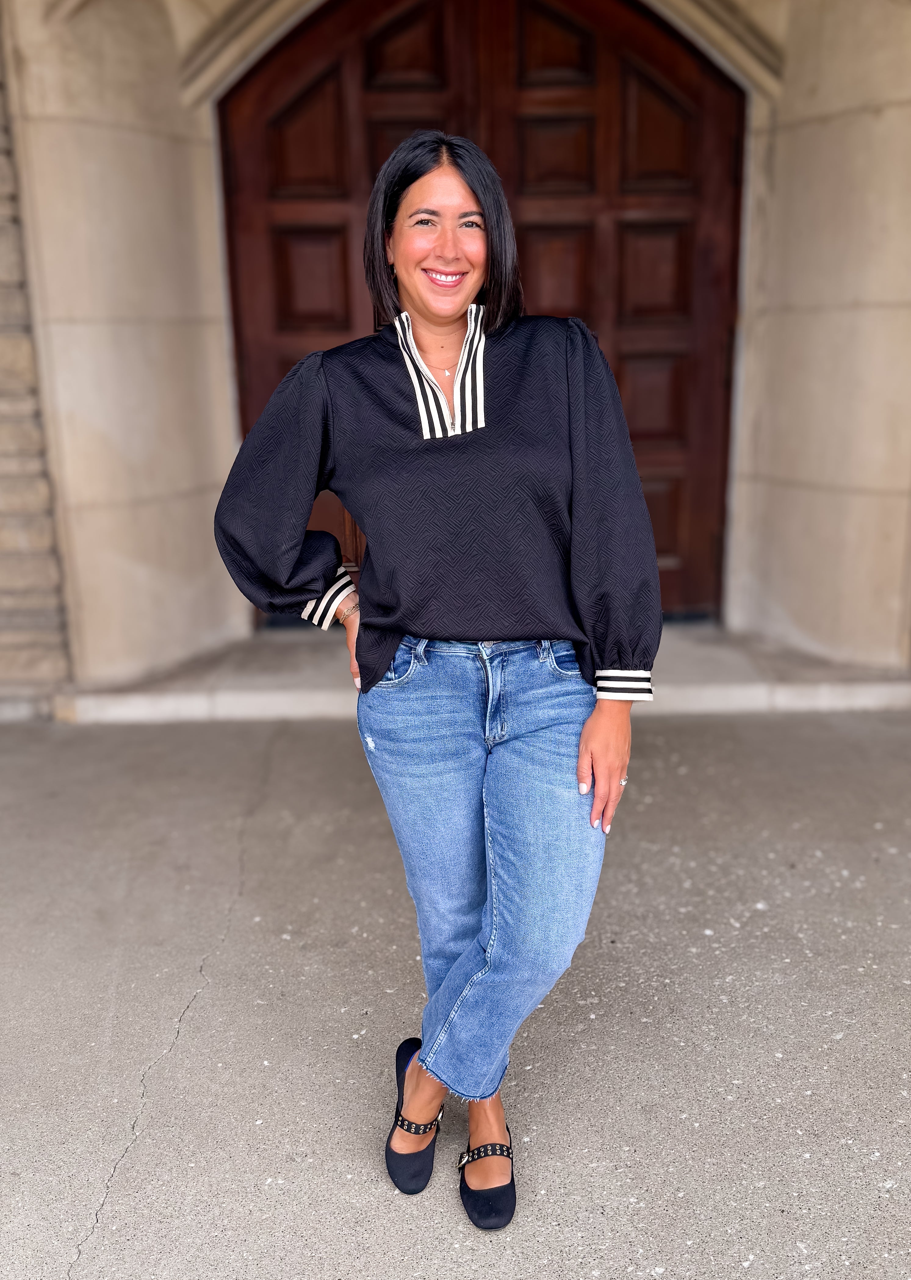 Evelyn Textured Contrast Zip Top