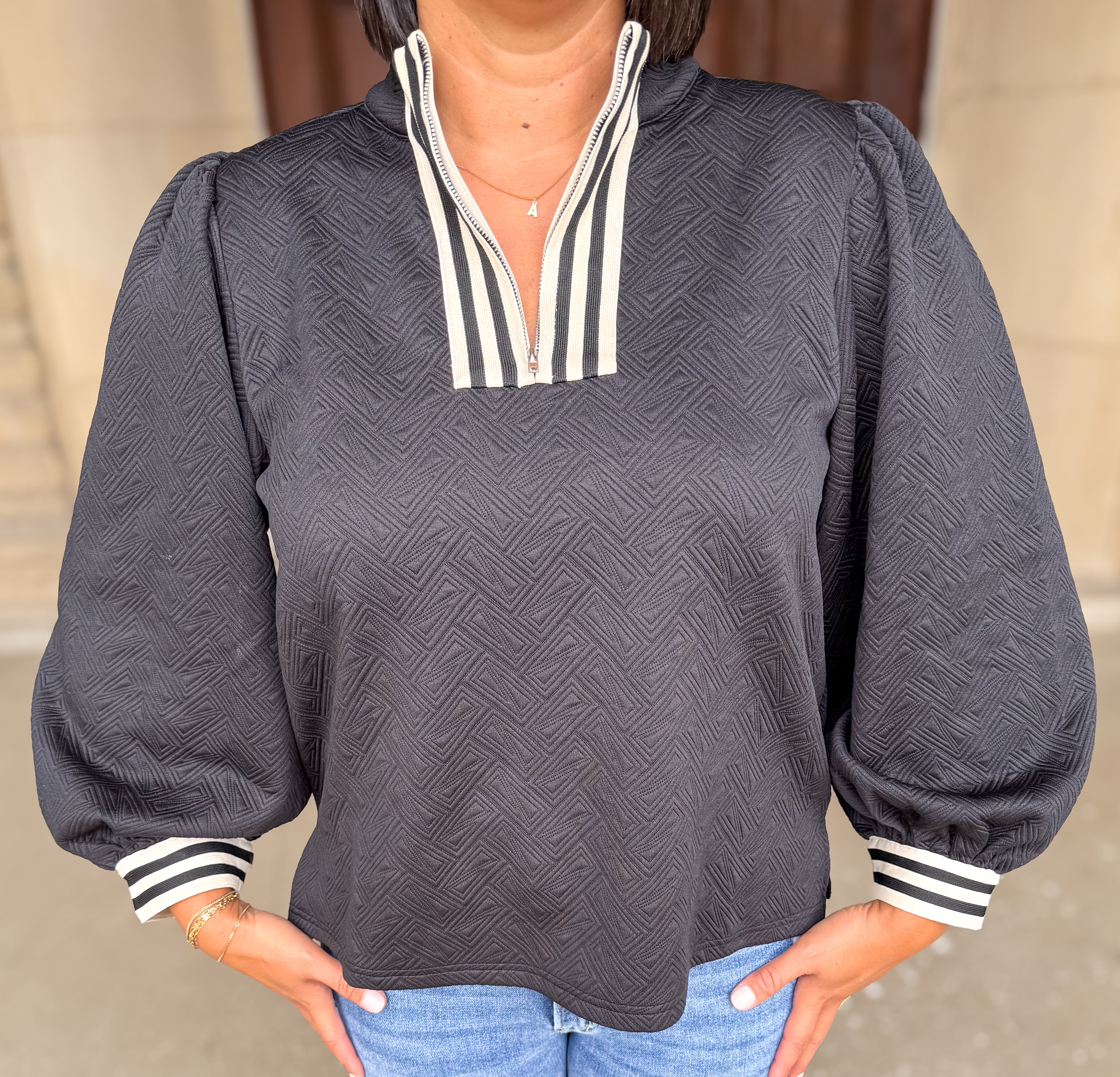 Evelyn Textured Contrast Zip Top